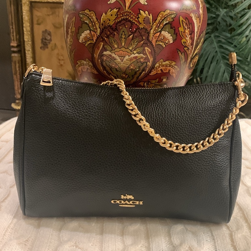 Coach Black Pebble Leather With Gold Chain Bag
